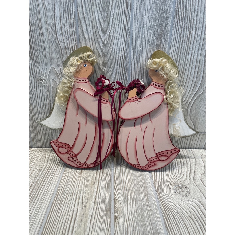 Handmade Wooden Angel Wall Decor Pair Hand Painted Pink Folk Art 9.5 Inch